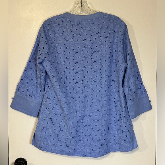Appleseed’s Women’s Eyelet Tunic Side Slits V Neck Vista Blue Embroidered Small - Picture 2 of 11
